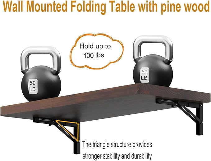 IAE Wall Mounted Folding Table with Pine Wood,36" x 14" Floating Wall Desk,Laundry Folding Table with Shelf Brackets,Fold Down Desk Shelf,Folding Workbench for Home,Dining,Laundry Room,Kitchen,Brown