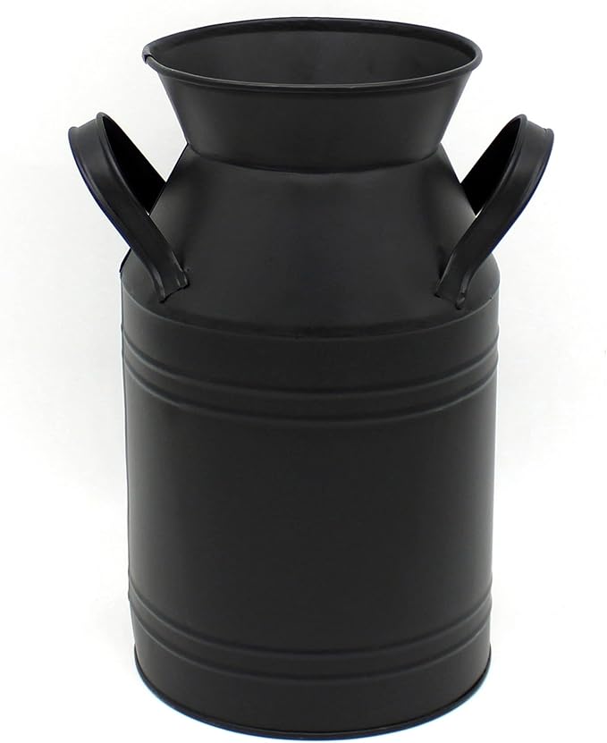 CVHOMEDECO. Farmhouse Galvanized Metal Milk Can, Old Rustic Primitives Jug Vase for Home and Garden Décor. Black