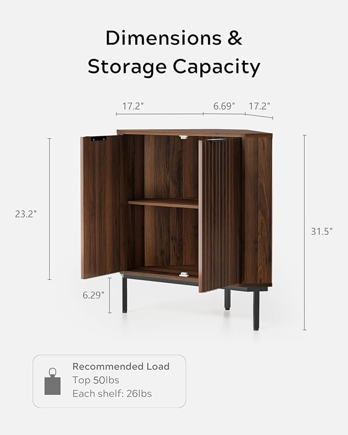 Fluted Corner Cabinet, Modern Small Corner Floor Cabinet with 2 Doors and 2-Tier Shelves, Freestanding Narrow Organizer for Living Room Kitchen Bathroom, Brown