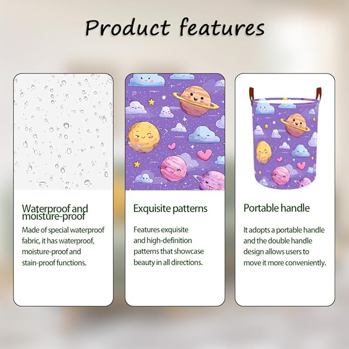 Laundry Baskets 15.7x19.7 Inch Large Cartoon Planets Clouds Design Collapsible Laundry Hamper with Handles Oxford Fabric Clothes Storage Bin Foldable Dirty Clothes Organizer for Bedroom Bathroom Dorm