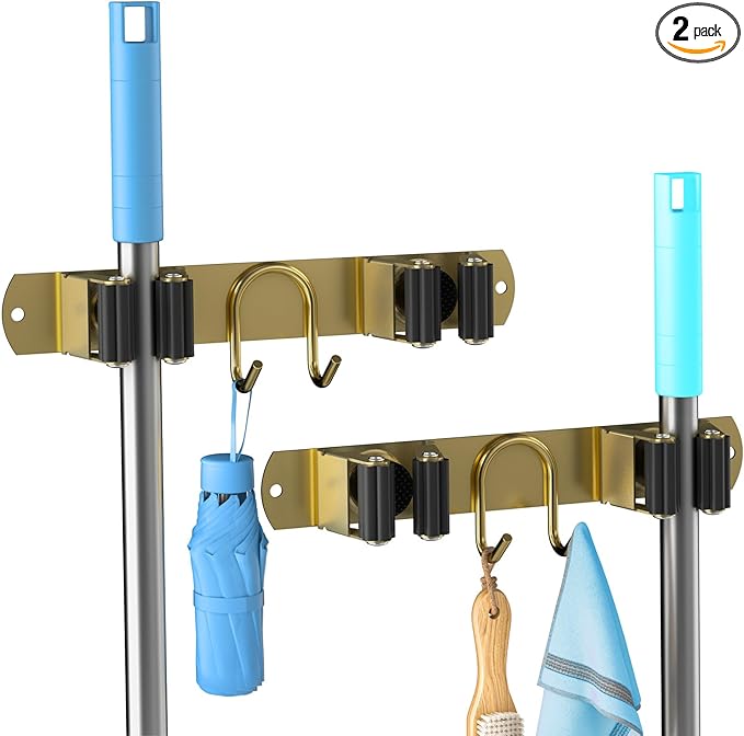 Broom Holder Wall Mount, 2-Pack Stainless Steel Mop and Broom Organizer, Broom Hanger with 2 Slots 2 Hooks for Home Kitchen, Garage, Garden and Laundry Room, Gold