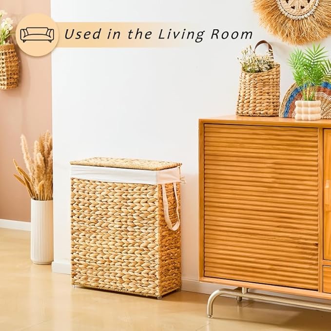 Handwoven Slim Laundry Hamper with Lid, 75L Natural Water Hyacinth Basket and Handles, Narrow Wicker Laundry Basket with Removable Liner Bag & 2 Mesh Bags