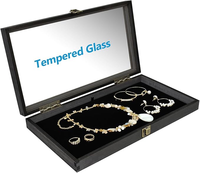 MOOCA 2 Pcs Wooden Jewelry Display Case, Pocket Knife Display Case with Tempered Glass Top Lid and Removable Black Luxurious MDF Velvet Jewelry Pad, Black Color