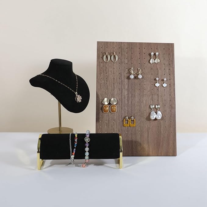 GemeShou Walnut earring display stand for selling, jewelry studs storage organizer for show, earring holder board with 204 holes【Earring board】