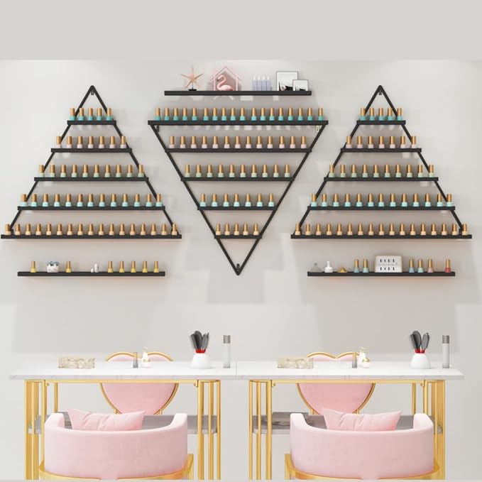 Elegant Wall Mounted Nail Polish Storage Rack Set of 10 Triangular Cosmetic Display Shelves for Essential Oil Bottles, Organize Your Lipsticks and Perfumes in Style at Home or Salon (Black)
