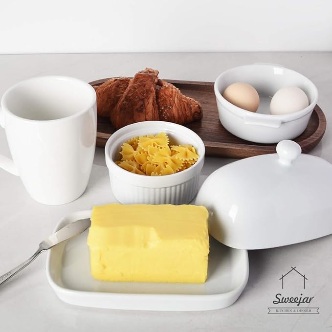 Sweejar Ceramic Butter Dish with Lid for Countertop,Porcelain Butter Keeper with Knob Handle,Butter Container for East/West Coast Butter, 7.1*3.7 inches (Turquoise)
