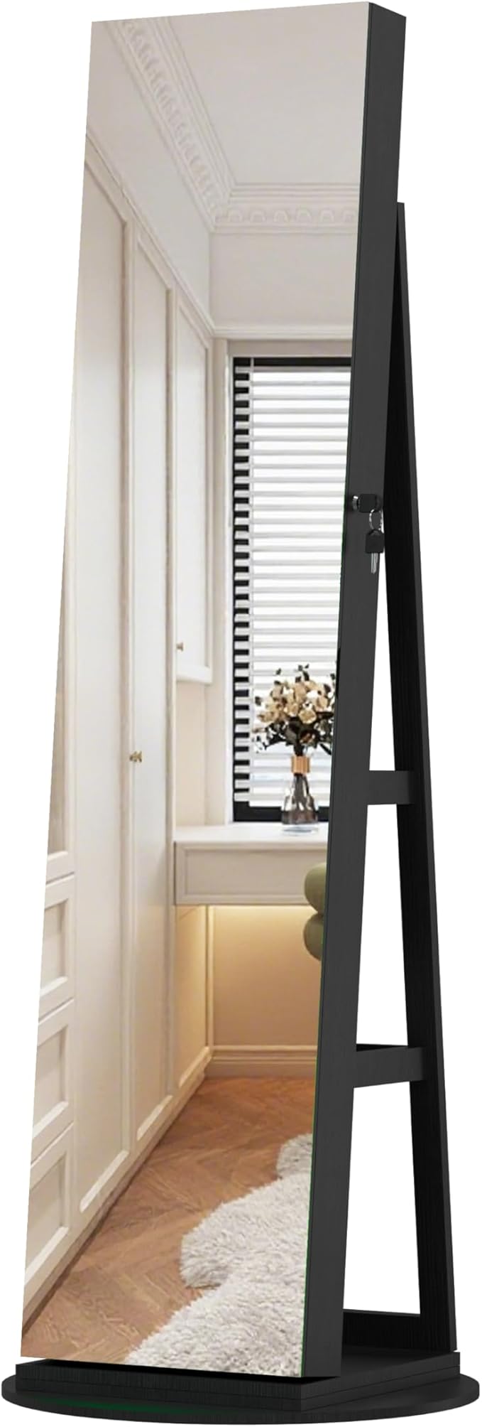 Montary 360° Rotating Jewelry Cabinet with Full-Length Mirror - Freestanding Jewelry Armoire with Lockable Storage, Built-In Lighted Mirror & Back Display Shelves, Black