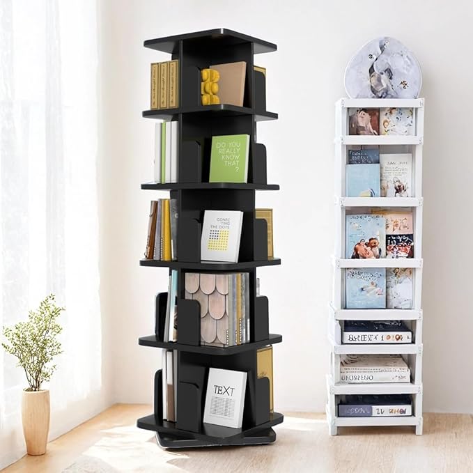 MHOM Black Rotating Bookshelf, 360 Display 5 Tier Rotating Bookshelf Tower, Floor Standing Revolving Bookcase, Wooden Small Bookcase for Small Spaces, and Living Room