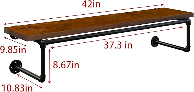 Clothes Rack 42in, Wall Mounted Garment Racks with Real Walnut Wood Shelf, Heavy Duty Hanging Clothes Rack, Multi-Purpose Hanging Rod, Space-Saving Closet Storage