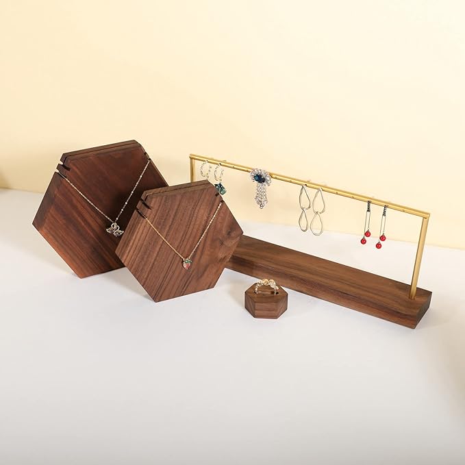 GemeShou wooden earring holder organizer for girls, walnut stud earring display stand for boutique store, jewelry storage organizer shelf【Walnut stand-One Tier】