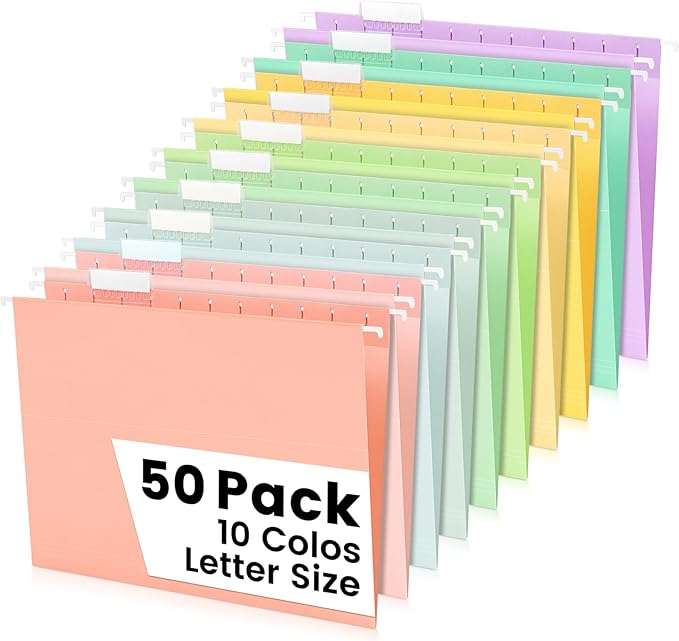 50-Pack Pastel Hanging File Folders, Letter Size with 55 Transparent Label Cards, 60 Sticker Labels,1/5-Cut Tabs–Home Office & Filing Cabinets