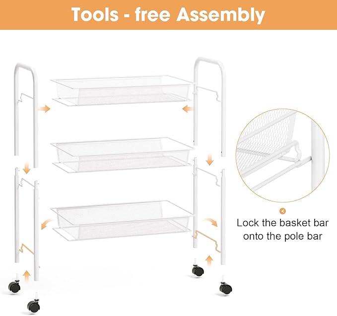 TOOLF 3-Tier Metal Rolling Cart, Mesh Wire Easy Assemble Utility Cart, Storage Trolley on Wheels with 3 Hooks, MetalStorage Shelving Units for Kitchen Bathroom Laundry Room