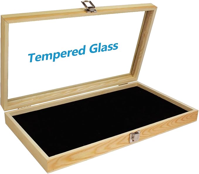 MOOCA Wooden Jewelry Display Case, Jewelry Organizer Case with Tempered Glass Top Lid & Removable Black Luxurious MDF Velvet Jewelry Display Pad, Natural Wood Colo