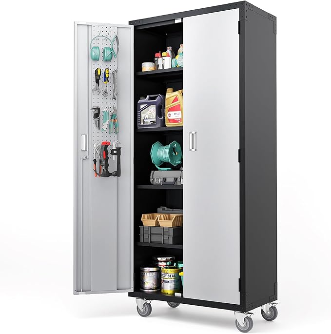 VINGLI 72'' Tall Garage Storage Cabinet, Metal Storage Cabinet with Wheels, Locking Doors and Adjustable Shelves (Black & Silver, 32''W x 16''D x 72''H)