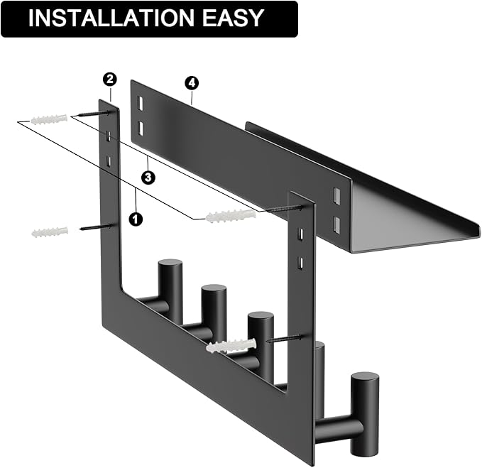 VAEHOLD Wall-mounted Coat Rack with Shelf Wall Hooks with Upper and Lower Double Storage Entryway Shelf with 5 Stainless Steel Hooks to Hang Clothes Towels Bathrobe Purse(Black)