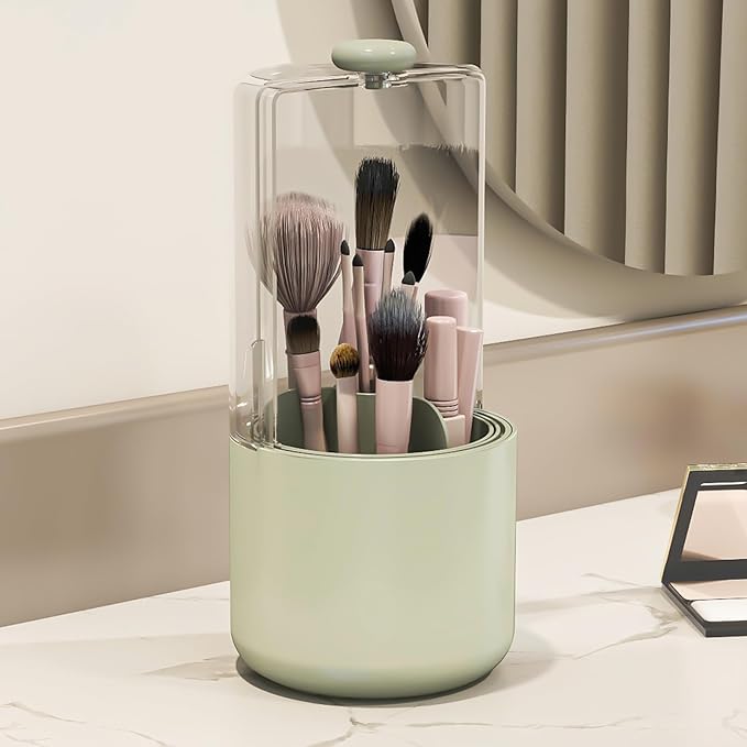 Makeup Brush Holder with Dustproof Cover, Clear 360 Rotating Make Up Brushes Organizer for Counter Vanity Bathroom, Sage Green