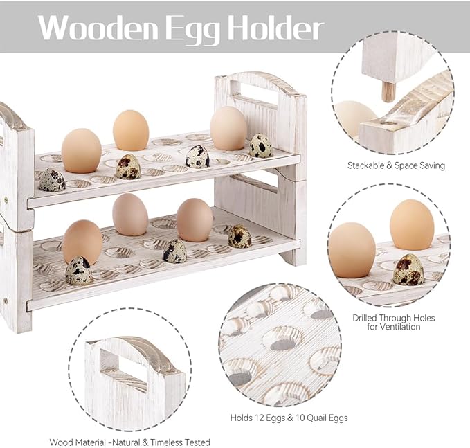 Wooden Egg Holder 3 Layer Fresh Egg Rack Holders Countertop Stackable Quail Egg Sorter Storage Trays Organizer Display Stand Kitchen Rack, Fits Duck, Turkey, Chicken Eggs,up to 36 Eggs, 3 Tier-White
