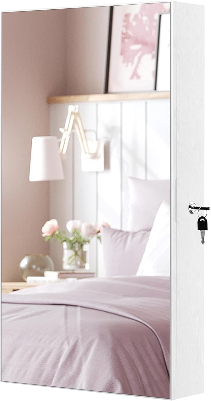 SONGMICS Mirror Jewelry Cabinet Armoire with Built-in LED Lights, Wall or Door Mounted Jewelry Storage Organizer, 3.8 x 14.6 x 26.4 Inches Hanging Mirror Cabinet, Christmas Gift Idea, White UJJC050W01