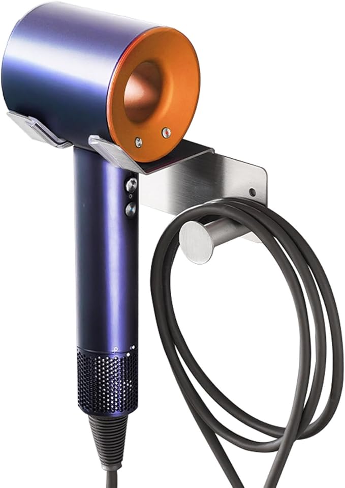 Hair Dryer Holder Stainless Steel, Blow Dryer Holder Self Adhesive, Dyson Hair Dryer Holder Wall Mounted Compatible with Dyson, Hairdryer Holder for Bathroom Silver PTALSEAW