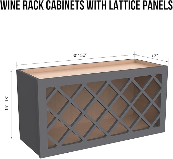 Solid Wood RTA Wine Bottle Rack Wall Cabinet with Lattice Panels - Wine Storage for Bar, Pantry, Cellar & Countertop - Mocha (Pebble Gray, 36'W 12'D 18'H)