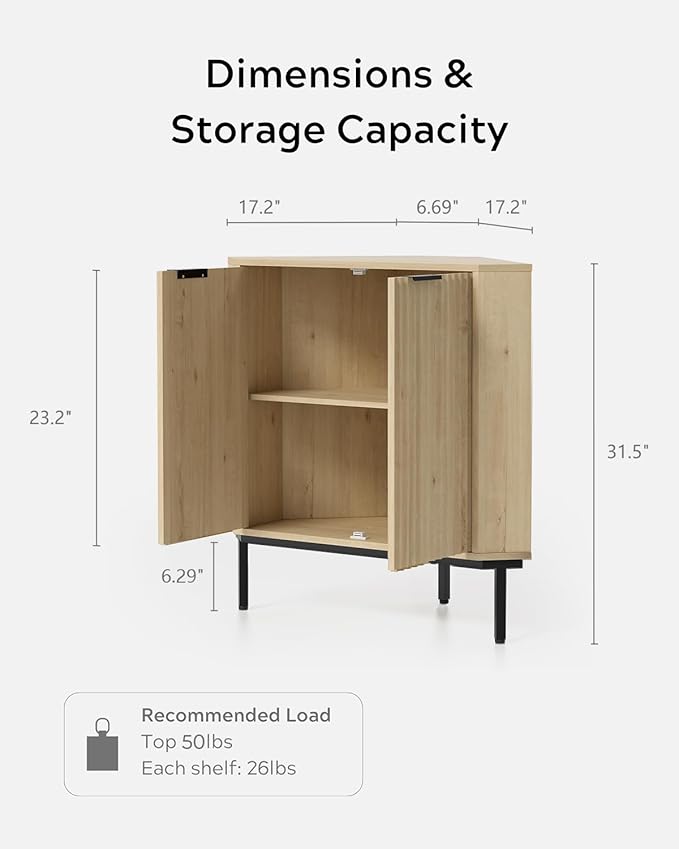 Fluted Corner Cabinet, Modern Small Corner Floor Cabinet with 2 Doors and 2-Tier Shelves, Freestanding Narrow Organizer for Living Room Kitchen Bathroom, Light Oak