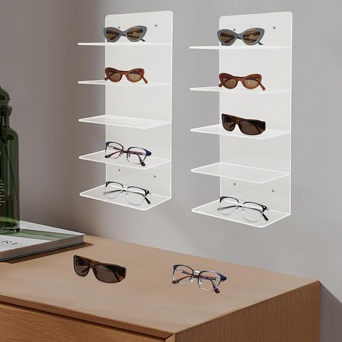 JOMCYDM 2PCS Sunglasses Holder Rack, 5 Tier Eye Glasses Shelf, Clear Acrylic Eye Glasses Shelf for Boutiques, Optometry Stores, Retail Stores, Eyeglasses Stores