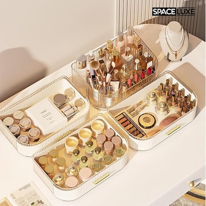 Makeup Organizer with Drawers and 360° Rotating Brush Holder, Large Capacity Cosmetic Storage for Vanity, Skincare, Perfume, Hair Accessories, Lipstick & Jewelry (Cream White, 2-layer)