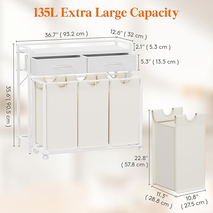 Lifewit Laundry Hamper 3 Section, Large Rolling Laundry Sorter with Shelf & 2 Drawers, Pull-Out Laundry Basket Organizer with Wheels and Removable Bag, White and Beige