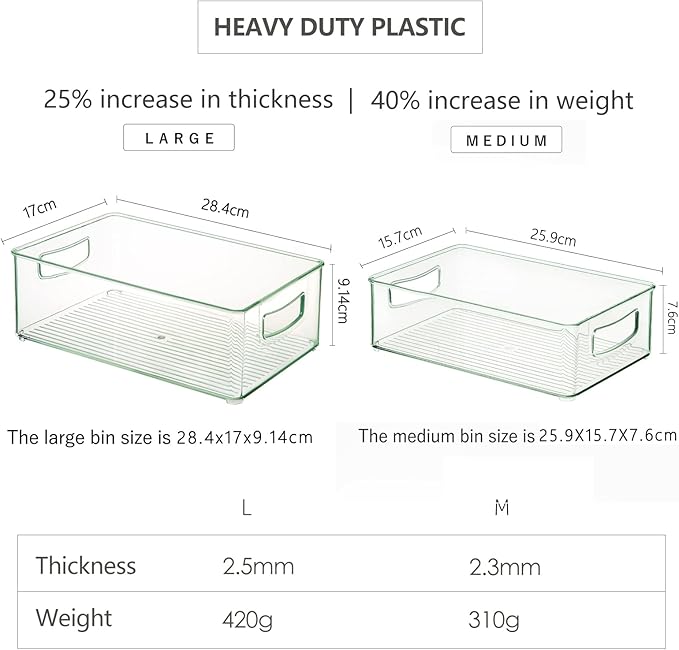 Hudgan Clear Storage Bins 8 Packs for Refrigerator, 4 Large Stackable Pantry Organizer Bins and 4 Medium Storage Plastic Containers for Home Edit, Kitchen, Freezer, Bathroom, Drawers, Shelves