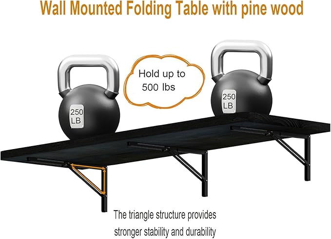 IAE Wall Mounted Folding Table with Pine Wood,60" x 16" Floating Wall Desk,Laundry Folding Table with Shelf Brackets,Fold Down Desk Shelf,Folding Workbench for Home,Dining,Laundry Room,Kitchen,Black