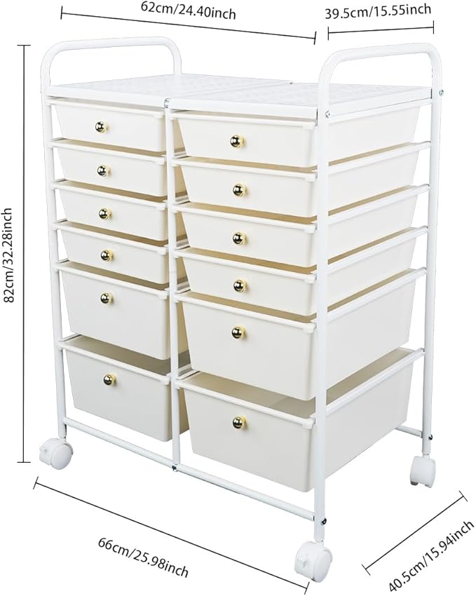 White 12 Drawers Rolling Storage Cart With Drawers, Multipurpos Plastic Storage Trolley, Rolling Carts With Wheels, Craft Corner Storage Organizer for Kitchen Bathroom Garage Salon Shop Office