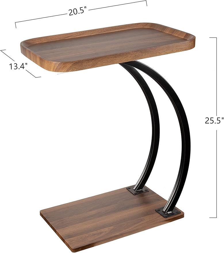 C Shaped end Table,2tier Large Tray Wood top,Easy Install Heavy Duty Side Table,TV Tray for Couch Sofa