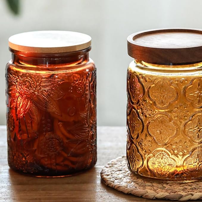ANSQU Vintage Glass Kitchen Storage Counter Jar, Candy Jars with Lids, Coffee Container for Ground Coffee, Mason Jar Hold Coffee Beans, Tea, Sugar, Bath Salts & More, 23.7 FL OZ (Light Brown, 1Pack)