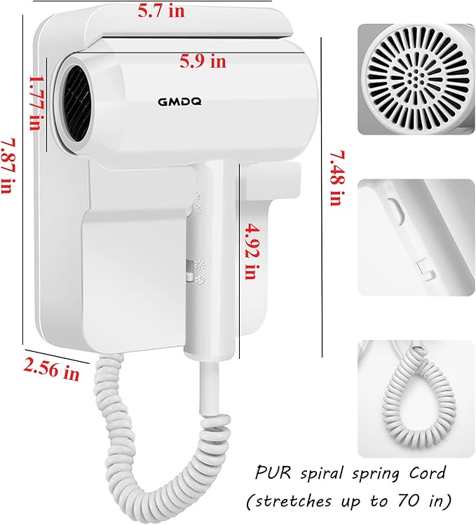 Hotel Wall Mounted Hair Dryer for Bathroom,Restroom Professional Blow Dryer,with Stand Rack,Specialised Motor for Salon,Fast Drying - Gifts【Massage Comb,Screws+ Adhesive】 110V