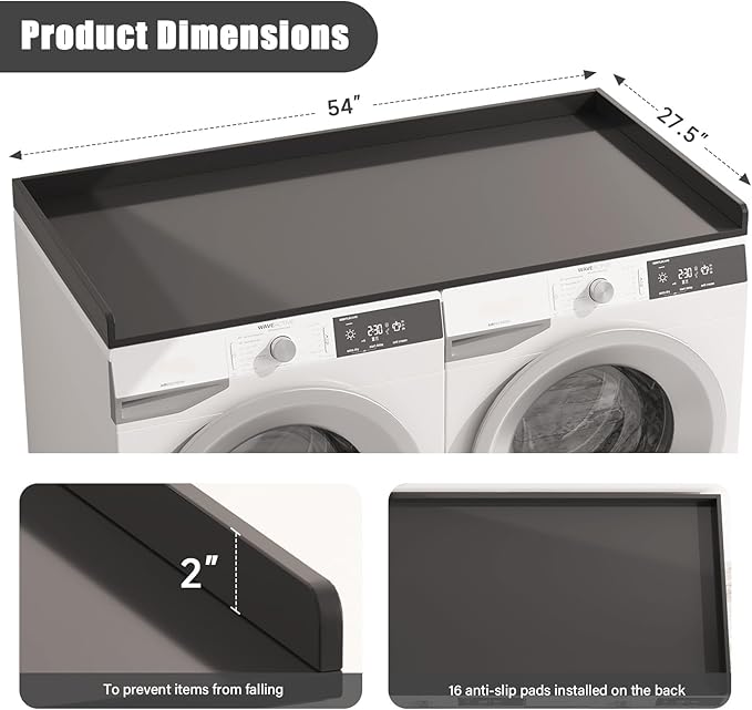 Washer Dryer Countertop, Laundry Countertop with Edge Rails - 27.5" x 54" Melamine Finish for Laundry Room Organization (Black)