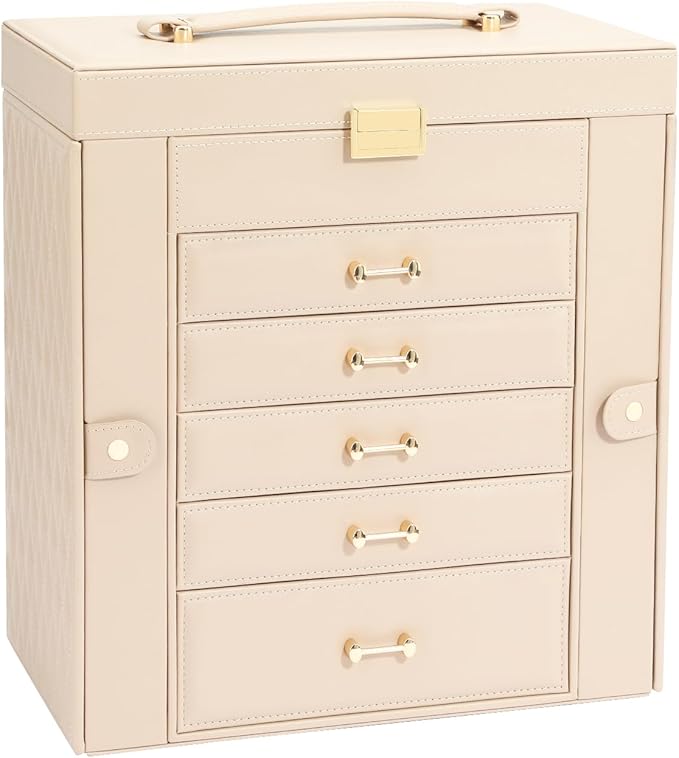 Large Jewelry Holder Organizer, 6 Layer Jewelry Box for Women Jewelry Storage Case With Handle, Gift for Christmas New Year, Apricot