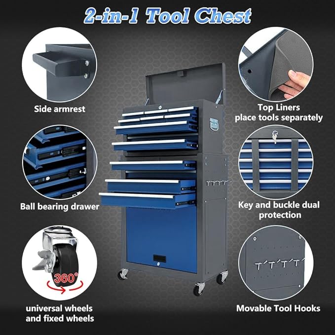 13-Drawer Rolling Tool Chest,Toolbox with Wheels,Tool Cabinets with Drawers, Top Detachable Tool Box with Hooks Handles for Workshop Mechanical Garage (blue＆grey)
