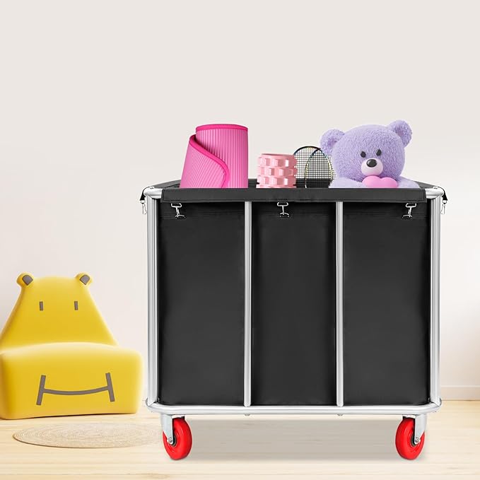 Commercial Laundry Cart with Wheels,Laundry Hamper Cart,Heavy Duty Rolling Basket with Large Capacity,Sorter Trolley for Home Hotel Apartment (Black, 35.43 * 25.6 * 31.5in)
