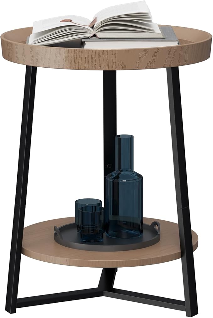 Gadroad Round End Table with Storage Shelf, 2 Tier Farmhouse Side Table Nightstand for Living Room, Bedroom, Wood Tabletop & Black Metal Frame, Walnut Color 15.7 * 15.7 * 23.0inches