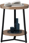 Gadroad Round End Table with Storage Shelf, 2 Tier Farmhouse Side Table Nightstand for Living Room, Bedroom, Wood Tabletop & Black Metal Frame, Walnut Color 15.7 * 15.7 * 23.0inches