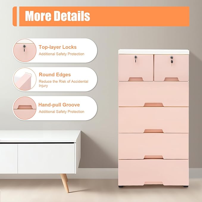 5-Layers Plastic Dresser with 6 Drawers Movable Chest of Drawers Locked Storage Cabinet Craft Organizers and Storage for Bedroom Entryway Hallyway, 19.7’’ W*13.8’’ D*40’’ H (Pink)