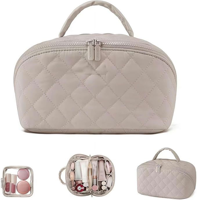 2026 Travel Makeup Bag for Women – 180° Lay-Flat Puffy Cosmetic Organizer with 5 Compartments, Water-Resistant & Machine Washable Makeup Case,Puffy Padded Organizer for Toiletries,Ideal Gifts for Her