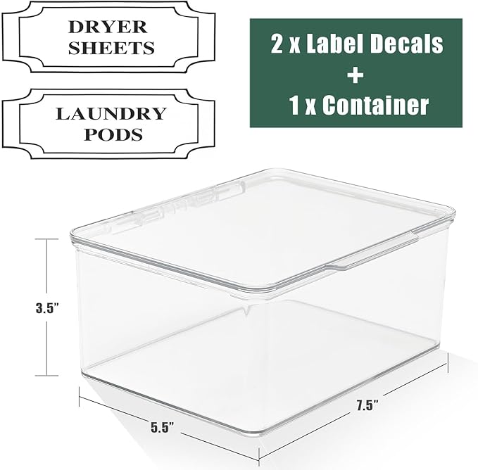 SSTATES Clear Acrylic Dryer Sheets Holder, Flip-top Laundry Pods Container with 2 Label Decals for Laundry Room Organization and Décor, Stackable Storage Box (1 Pc)