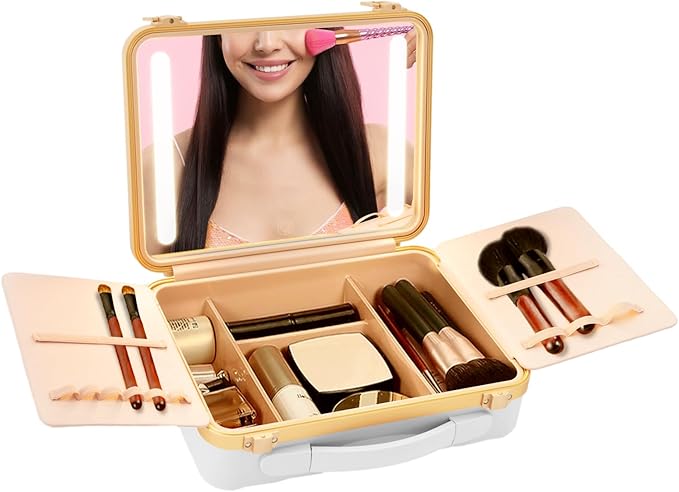 Portable Makeup Box, 11.42 * 3.54 * 8.66 In Travel Makeup Train Cases Cosmetic Organizer Portable Make Up Storage Box with Led Mirror for Makeup Artists Hair Stylists Nail Technicians (White)