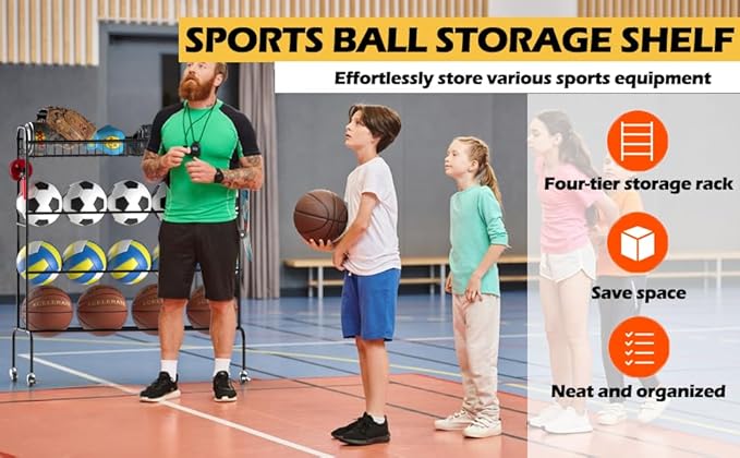Ball Storage - Basketball Cart With Wheels Garage Volleyball Storage Sport Equipment Holder Organizer For Indoor Outdoor,Metal Storage Rack For Playgroup,Gym And School