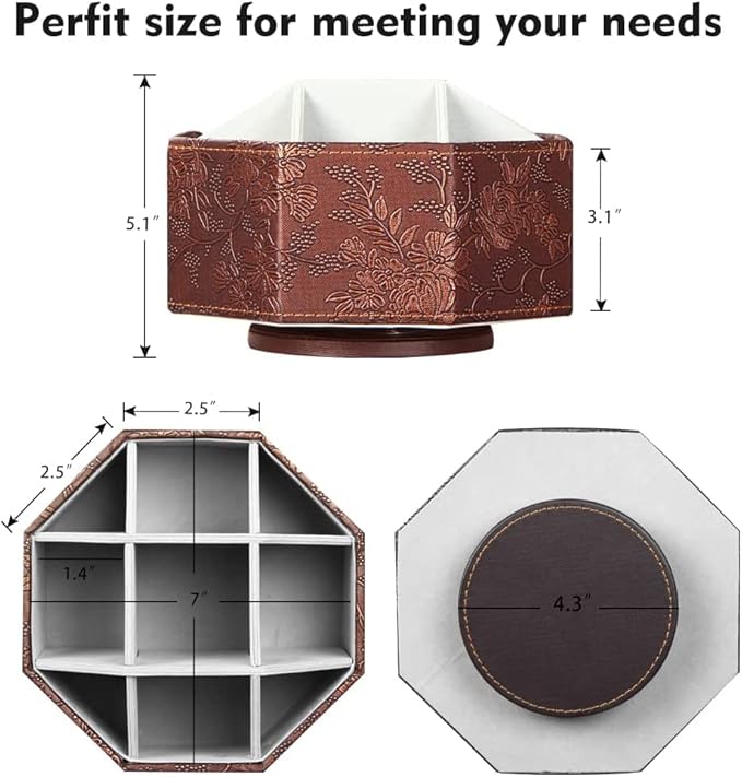 PU Leather Remote Control Holder,360 Degree Spinning TV Remote Caddy,9 Grids Desk Organizers and Accessories for Storage Controller,Calculator,Mail,Media,Pen,Phone etc (Antique)