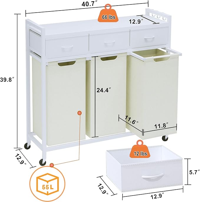 Laundry Hamper, Laundry Sorter 3 Section, Rolling Laundry Basket with Wheels, 3 Drawers, 3 × 14.5 Gal (55 L), Pull-Out and Removable Oxford Fabric Bags, White and Beige
