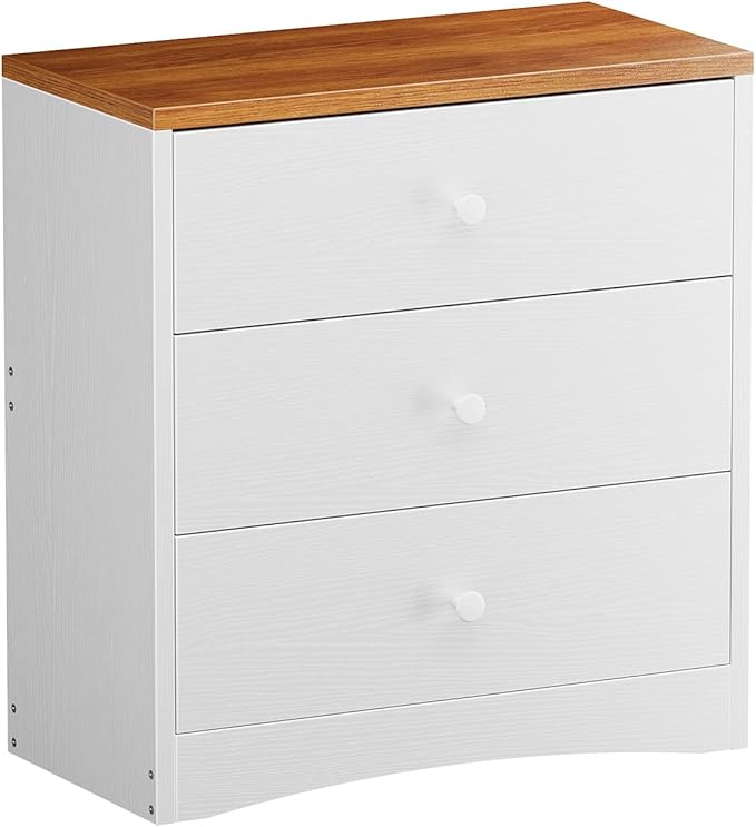 Nightstand,Farmhouse Wood Night Stand with 3 Storage Drawers,Wooden Small Dresser Chest of Drawers Bedside Tables for Bedroom Small Spaces,White+Walnut