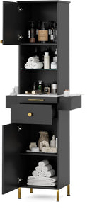 Salon Stations for Hair Stylist, Barber Station w/Glass Shelf & Golden Handles, Hair Salon Station Beauty Salon Spa Equipment w/6 Hair Dryer Holders, 2 Storage Cabinet & Drawers(Black)