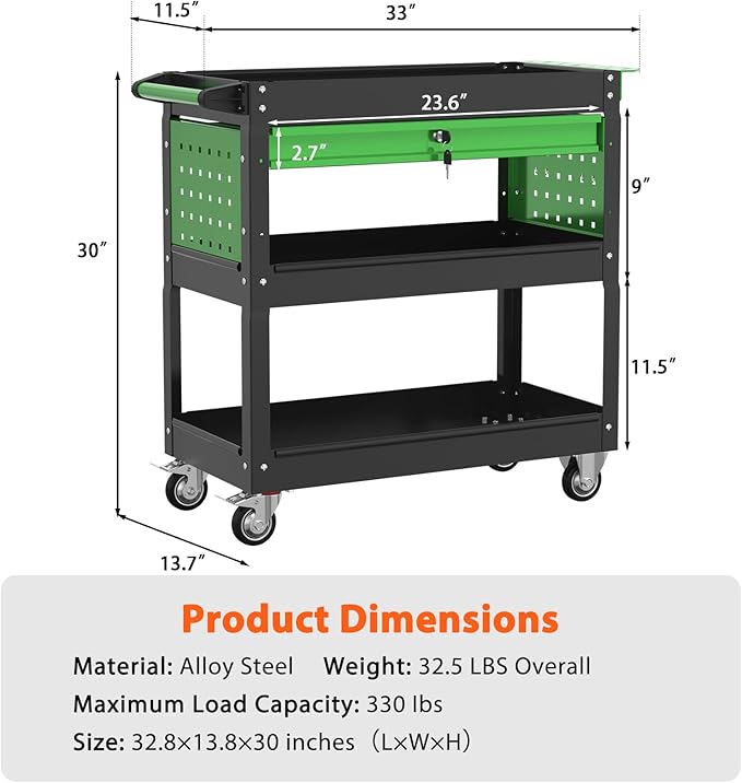 3 Tier Rolling Tool Cart On Wheels, Heavy Duty Utility Cart with Drawers, Large Storage Capability Service Cart for Garage, Warehouse and Tool Room(Black&Green)